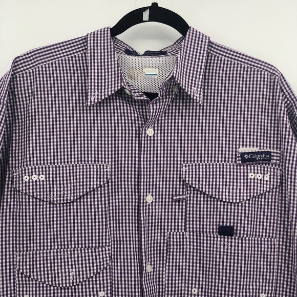 Columbia PFG Button Down Polo Shirt Short Sleeve Gigham Plaid Purple White Large - Picture 1 of 11